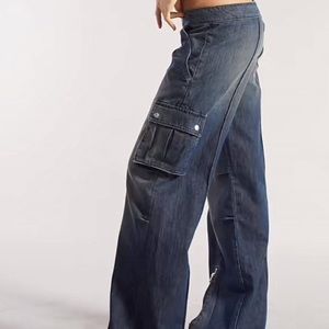 Low rise, baggy blue denim jeans